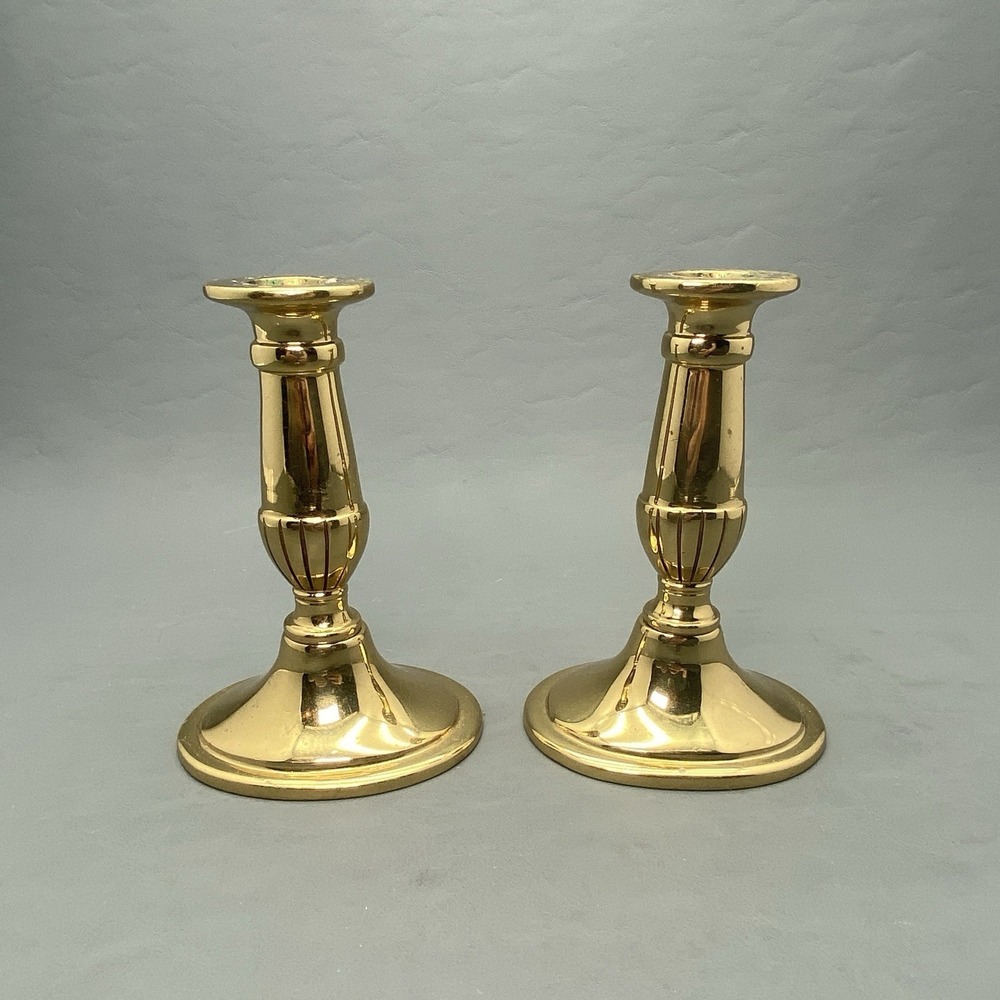 Virginia Metalcrafters Brass Candlesticks Pair Candle Holders Mid Century